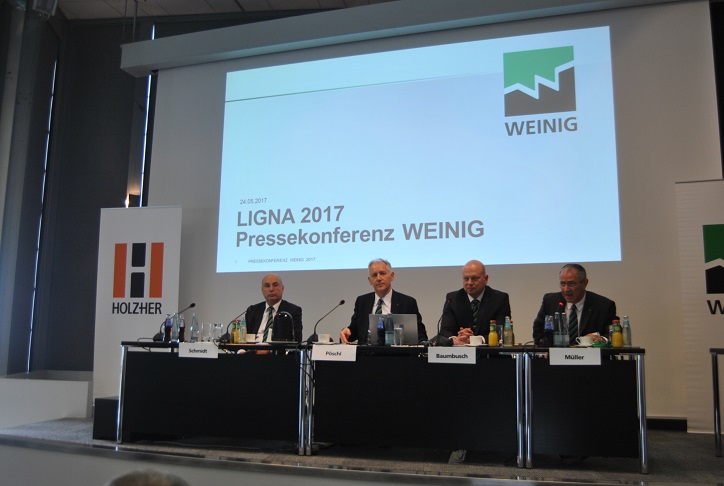 The press conference at Ligna, from left, Gerhard Schmidt / Wolfgang Pschl, President & CEO / Gregor Baumbusch and Klaus Mller. Photo Datalignum