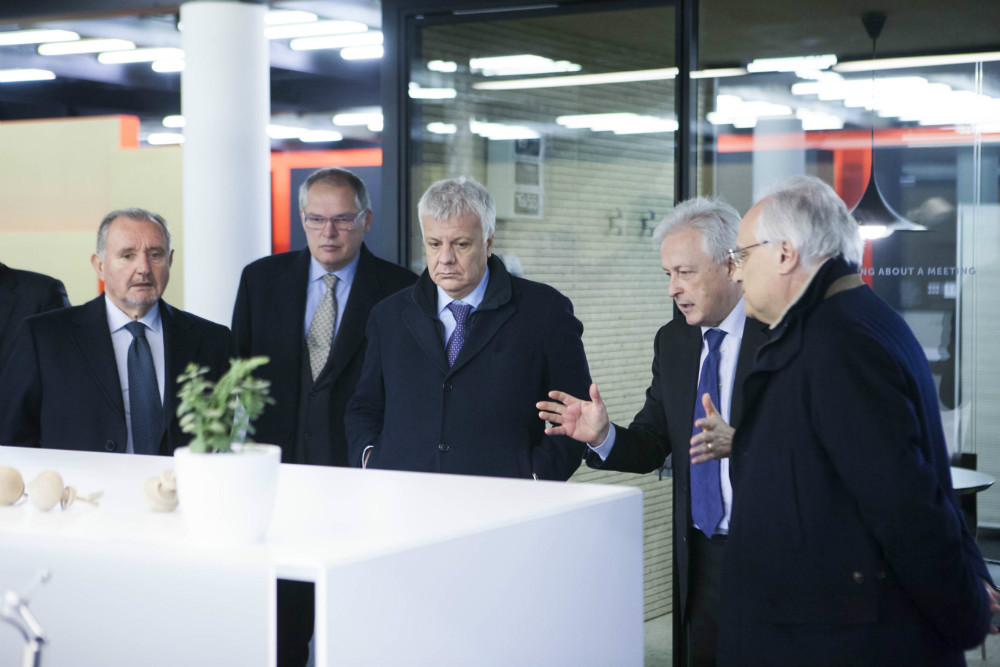 The Minister for the Environment, Gian Luca Galletti (center). From right, Giovanni Fantoni (Fantonis M.D.), Paolo Fantoni (President EPF) and Paolo Urbani (Mayor of Gemona).